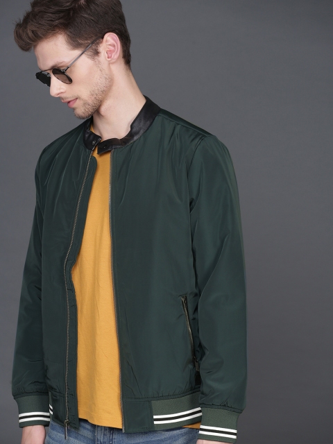 

WROGN Men Teal Slim Fit Solid Bomber Jacket