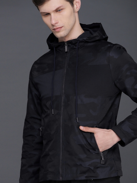 

WROGN Men Navy Blue & Black Slim Fit Camouflage Printed Hooded Padded Jacket