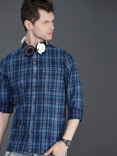 

WROGN Men Navy Blue Slim Fit Checked Casual Shirt