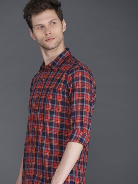 

WROGN Men Navy Blue & Orange Slim Fit Checked Casual Shirt