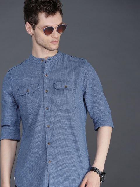 

WROGN Men Navy Blue & White Slim Fit Self Design Casual Shirt
