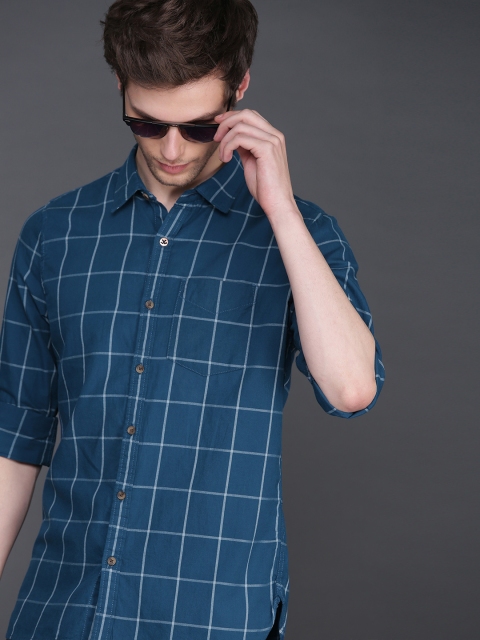 

WROGN Men Teal Blue Slim Fit Checked Casual Shirt