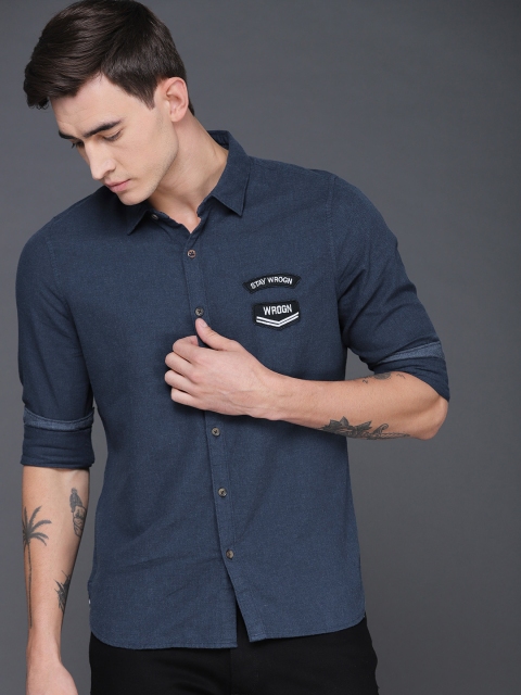 

WROGN Men Navy Blue Slim Fit Solid Applique Detail Casual Shirt