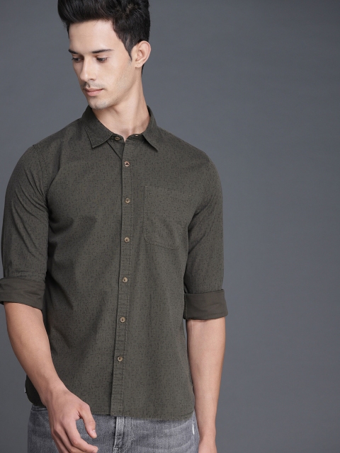 

WROGN Men Olive Green Slim Fit Printed Casual Shirt