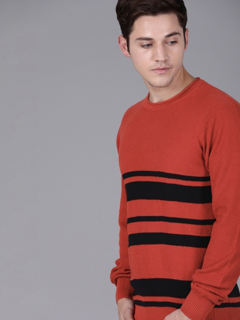 

WROGN Men Rust Red & Black Slim Fit Striped Pullover Sweater