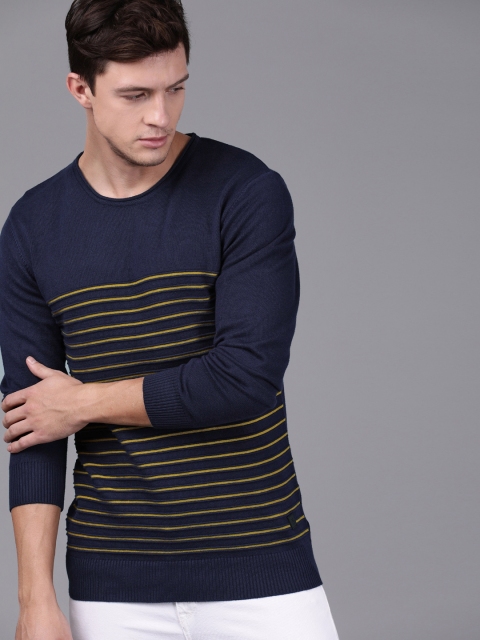 

WROGN Men Navy Blue & Yellow Striped Pullover Sweater