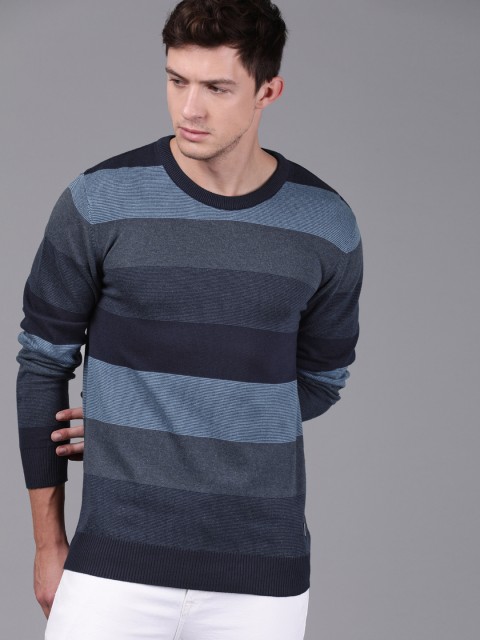 

WROGN Men Blue Striped Pullover Sweater
