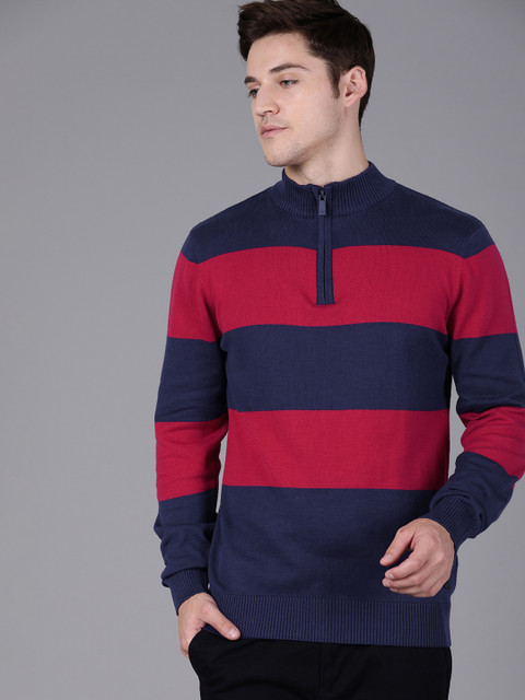 

WROGN Men Navy Blue Slim Fit Colourblocked Pullover Sweater