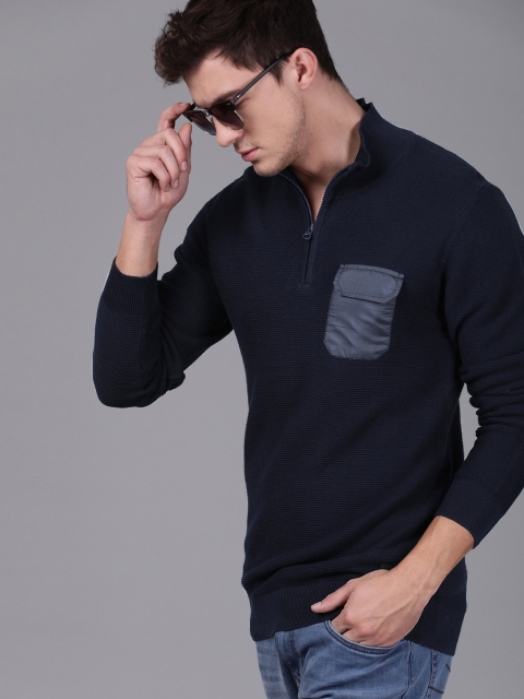 

WROGN Men Navy Blue Solid Pullover Sweater with Pocket