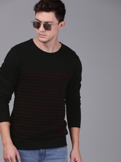 

WROGN Men Black & Maroon Striped Pullover Sweater