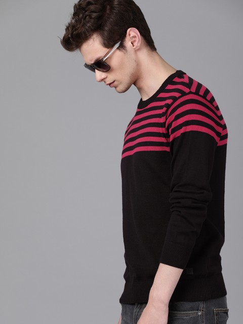 

WROGN Men Black & Fuchsia Striped Sweater