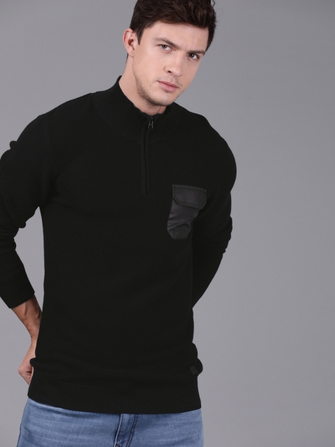 

WROGN Men Black Solid Pullover Sweater with Pocket