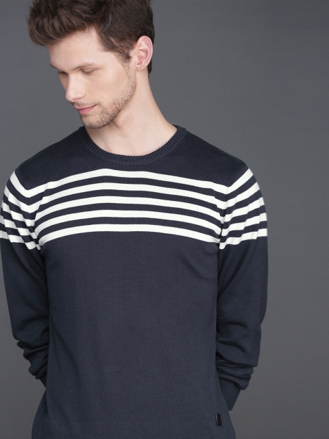 

WROGN Men Navy Blue & White Striped Sweater