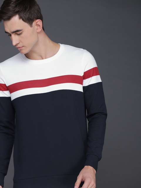 

WROGN Men Navy Blue & White Colourblocked Slim Fit Sweatshirt