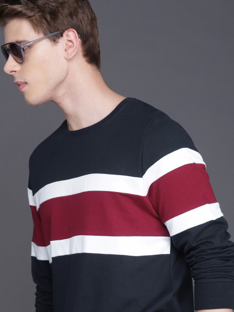 

WROGN Men Navy Blue & Maroon Colourblock Slim Fit Sweatshirt