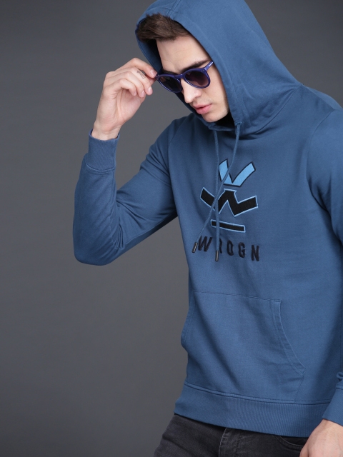 Men Blue Solid Hooded Slim Fit Sweatshirt