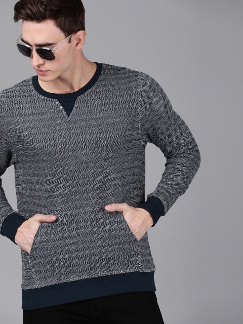 

WROGN Men Navy Blue & White Self Design Slim Fit Sweater
