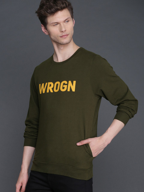 

WROGN Men Olive Green Printed Pullover Sweatshirt