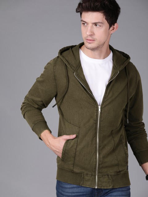 

WROGN Men Olive Green Slim Fit Solid Hooded Sweatshirt
