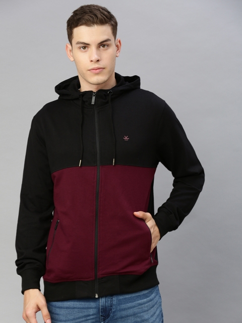 

WROGN Men Black & Burgundy Slim Fit Colourblocked Hooded Sweatshirt