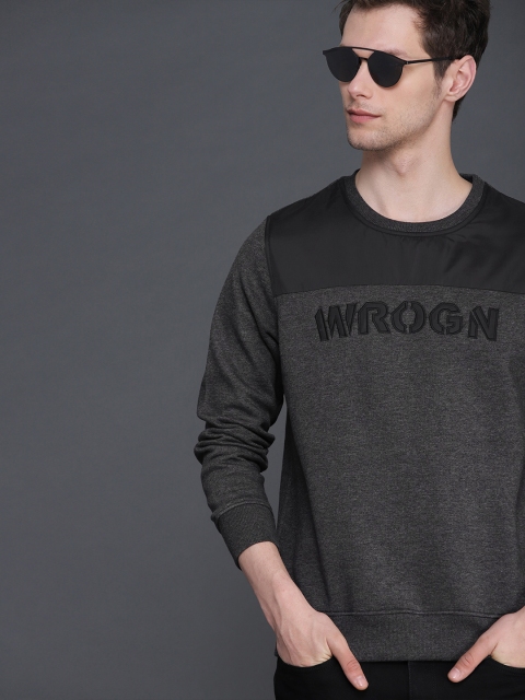 

WROGN Men Charcoal Grey & Black Slim Fit Solid Sweatshirt