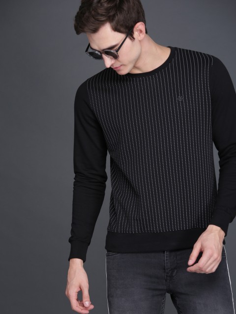 

WROGN Men Black & White Striped Slim Fit Sweatshirt