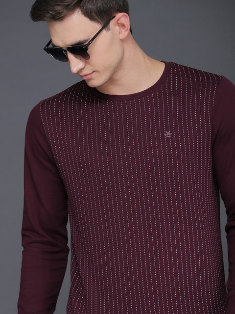 

WROGN Men Burgundy Striped Slim Fit Lightweight Sweatshirt