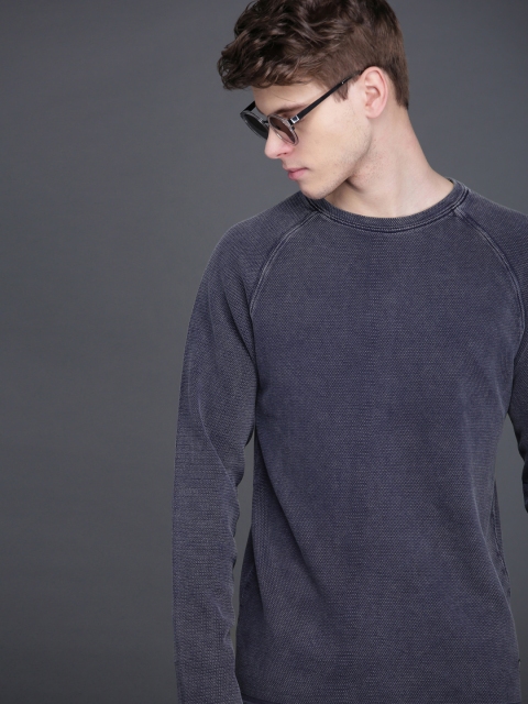

WROGN Men Navy Self Design Slim Fit Sweatshirt, Navy blue