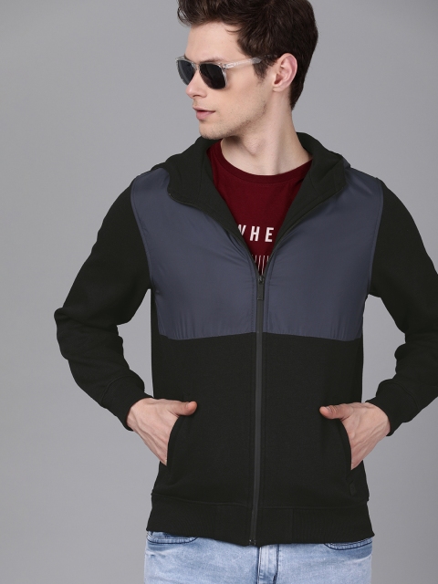 

WROGN Men Black & Navy Blue Colourblocked Slim Fit Hooded Sweatshirt