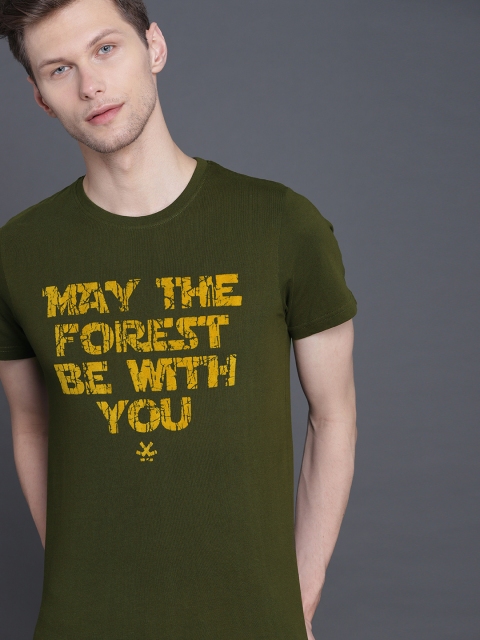 

WROGN Men Olive Green Printed Round Neck T-shirt