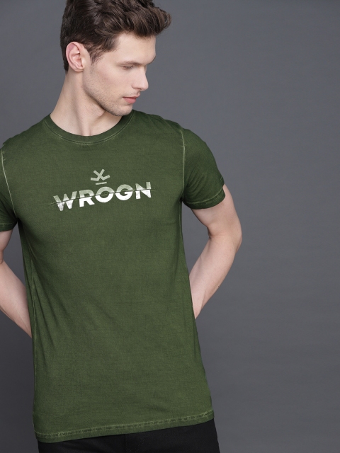 

WROGN Men Olive Green Printed Slim Fit Round Neck T-shirt