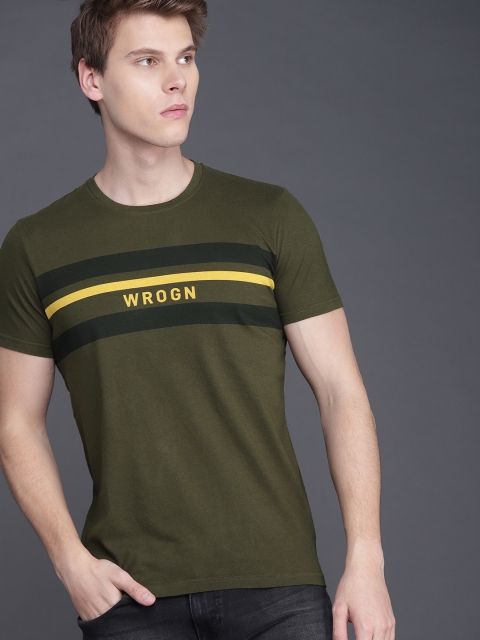 

WROGN Men Olive Green & Black Slim Fit Striped Round Neck T-shirt