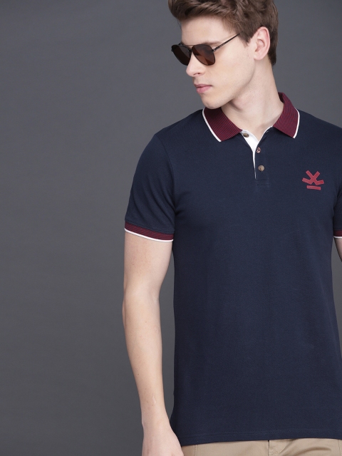 

WROGN Men Navy Blue Solid Slim Fit Polo Collar Pure Cotton T-shirt