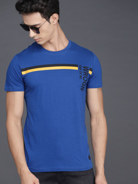 

WROGN Men Blue Printed Round Neck T-shirt