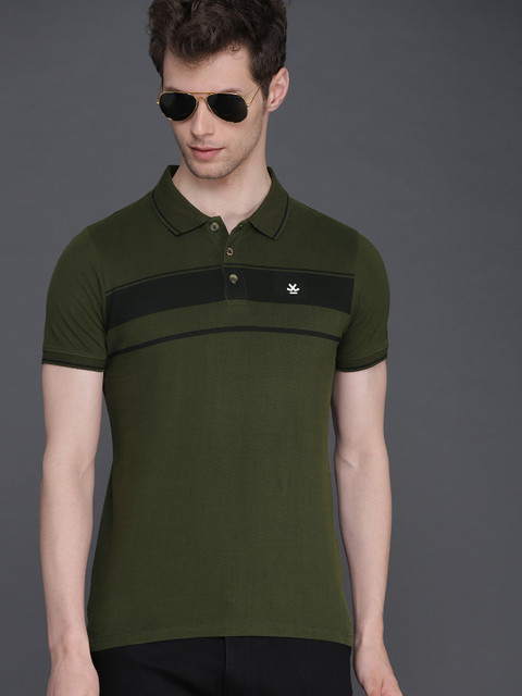 

WROGN Men Olive Green Black Striped Polo Collar Pure Cotton T-shirt
