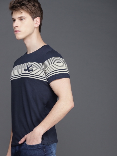 

WROGN Men Navy Blue & Off-White Striped Round Neck T-shirt