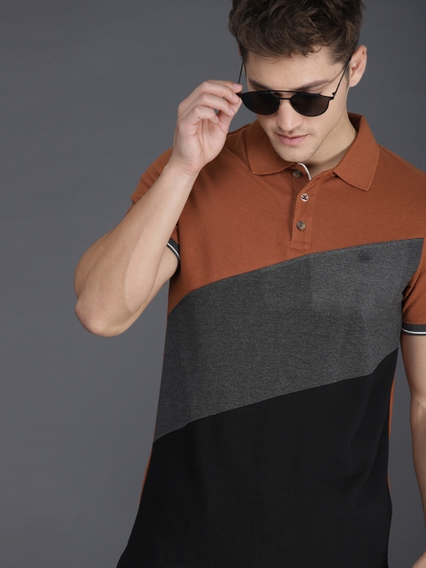 

WROGN Men Rust Brown & Black Colourblocked Slim Fit Polo Collar T-shirt