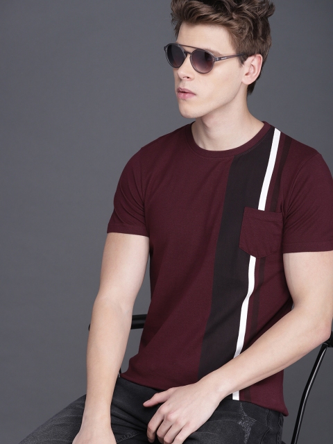 Men Burgundy Coffee Brown Colourblocked Slim Fit Round Neck Pure Cotton T-shirt