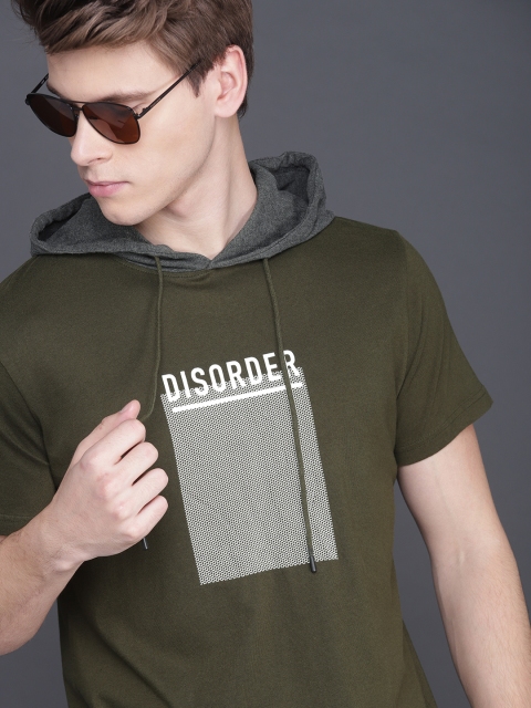 

WROGN Men Olive Green & White Slim Fit Printed Hooded T-shirt