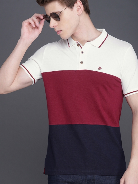 

WROGN Men Off-White & Maroon Colourblocked Slim Fit Polo Collar T-shirt