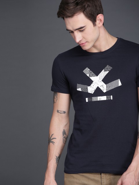 

WROGN Men Navy Blue Printed Round Neck T-shirt