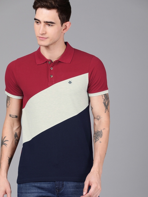 

WROGN Men Red & Navy Blue Colourblocked Slim Fit Polo Collar T-shirt