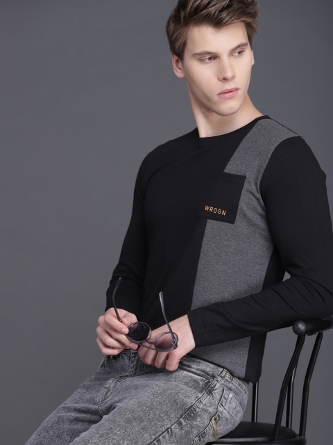 

WROGN Men Black & Charcoal Grey Colourblocked Slim Fit Round Neck T-shirt