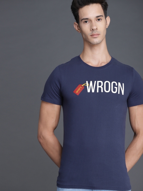 

WROGN Men Blue Printed Round Neck T-shirt