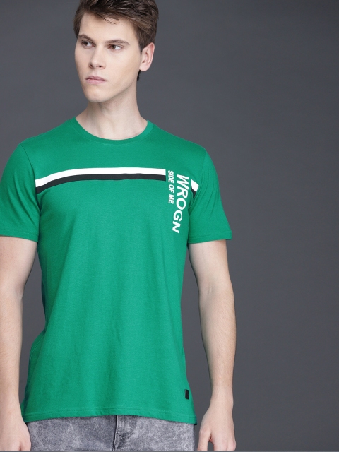 

WROGN Men Green Striped Round Neck T-shirt