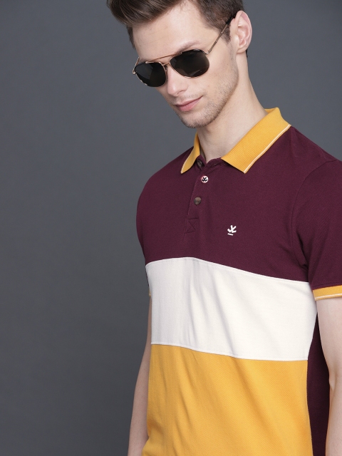 

WROGN Men Maroon & Mustard Yellow Colourblocked Slim Fit Polo Collar T-shirt