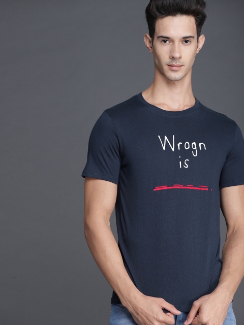 

WROGN Men Navy Blue Printed Round Neck Slim Fit T-shirt