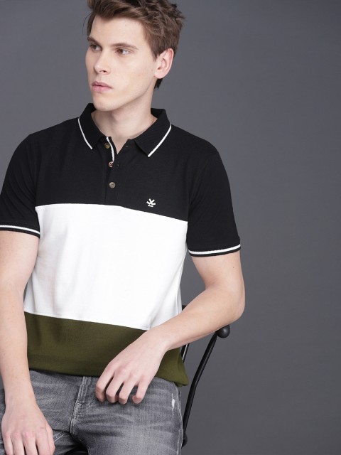 

WROGN Men Black & White Colourblocked Slim Fit Polo Collar T-shirt