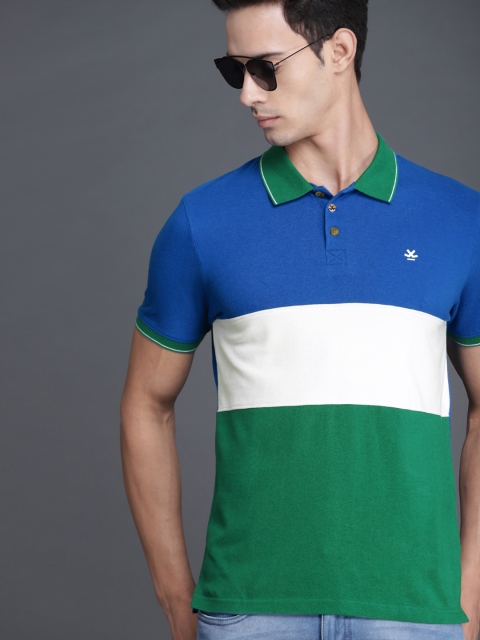 

WROGN Men Blue White Colourblocked Polo Collar Pure Cotton T-shirt