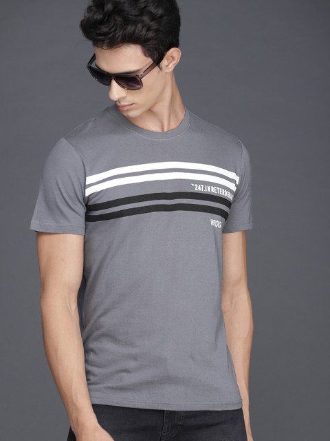 

WROGN Men Grey & Black Striped Round Neck T-shirt